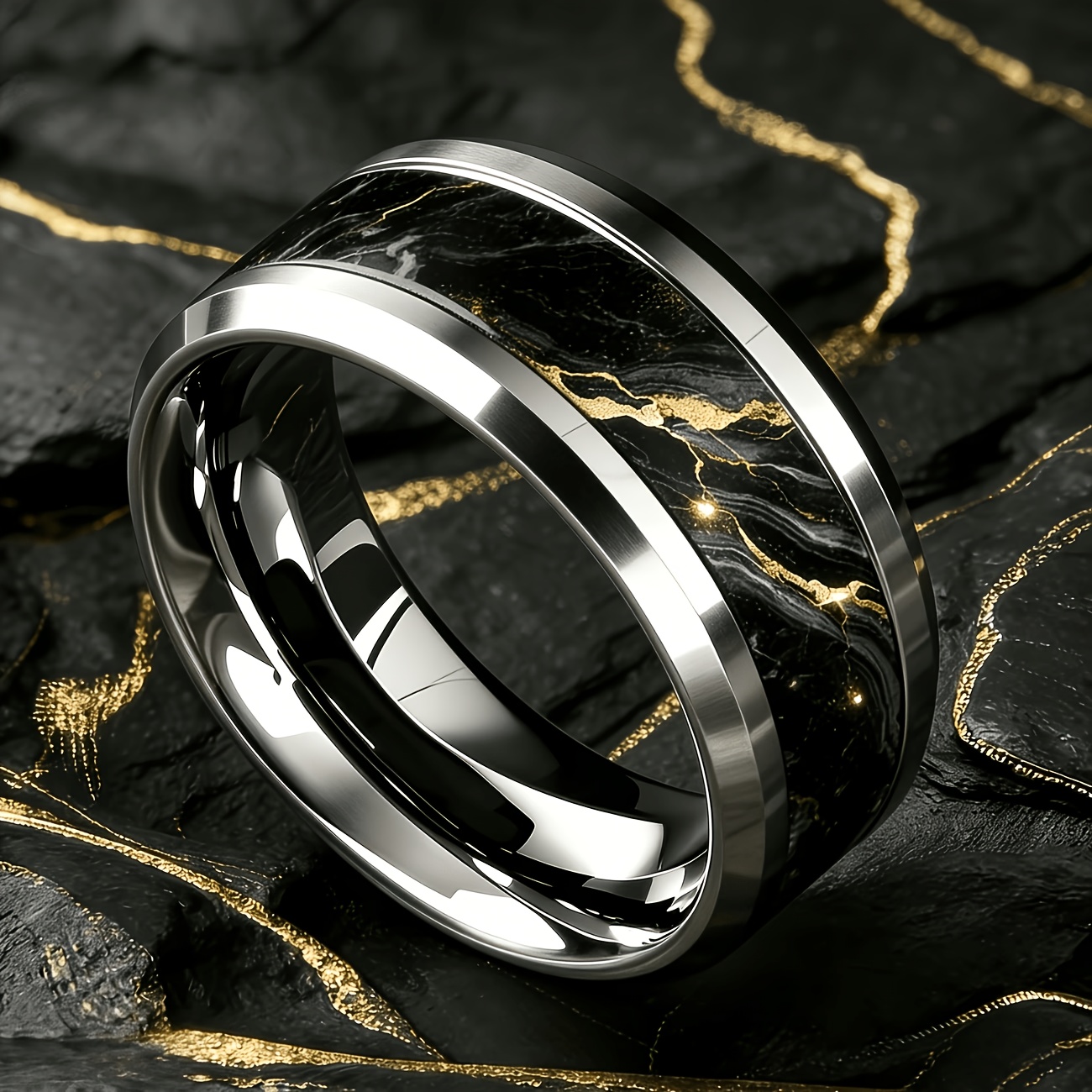 Elegant French Black Golden Marble Texture Stainless Steel Ring
